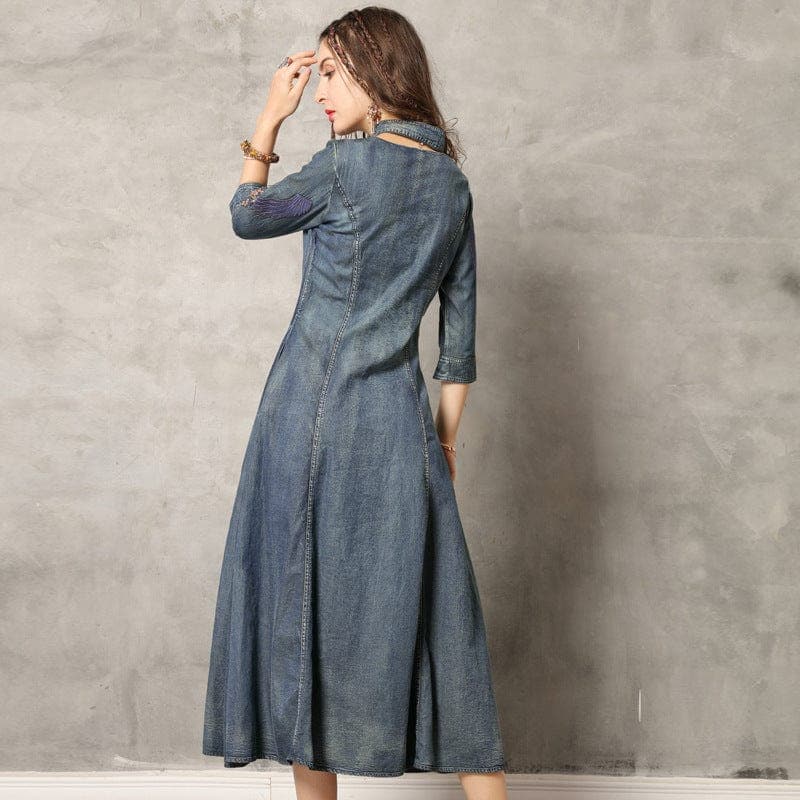 Swan Embroidered Denim Dresses Buddhatrends