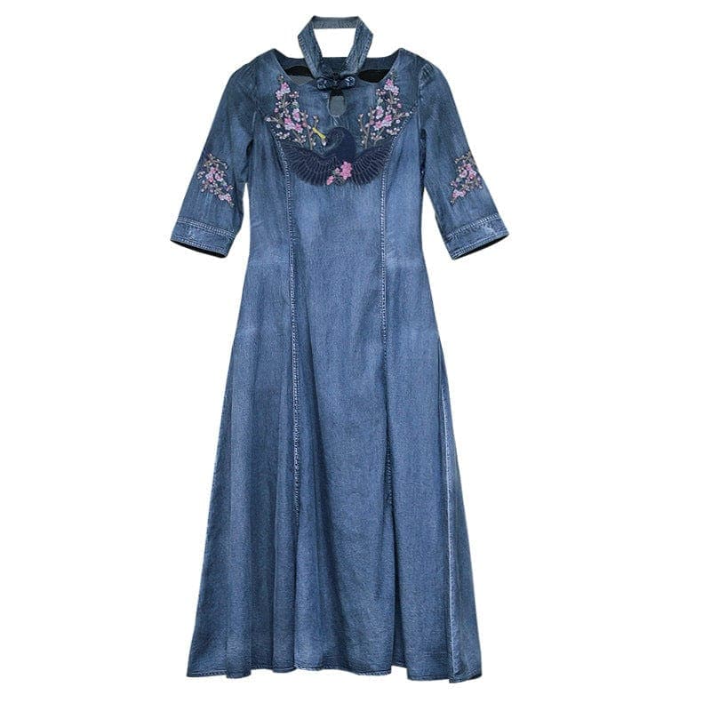 Swan Embroidered Denim Dresses Buddhatrends