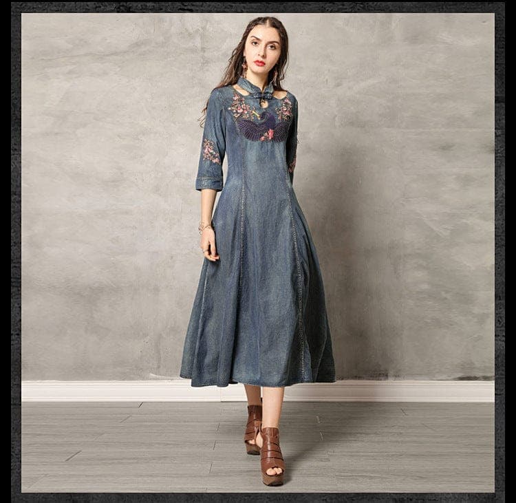 Swan Embroidered Denim Dresses Buddhatrends