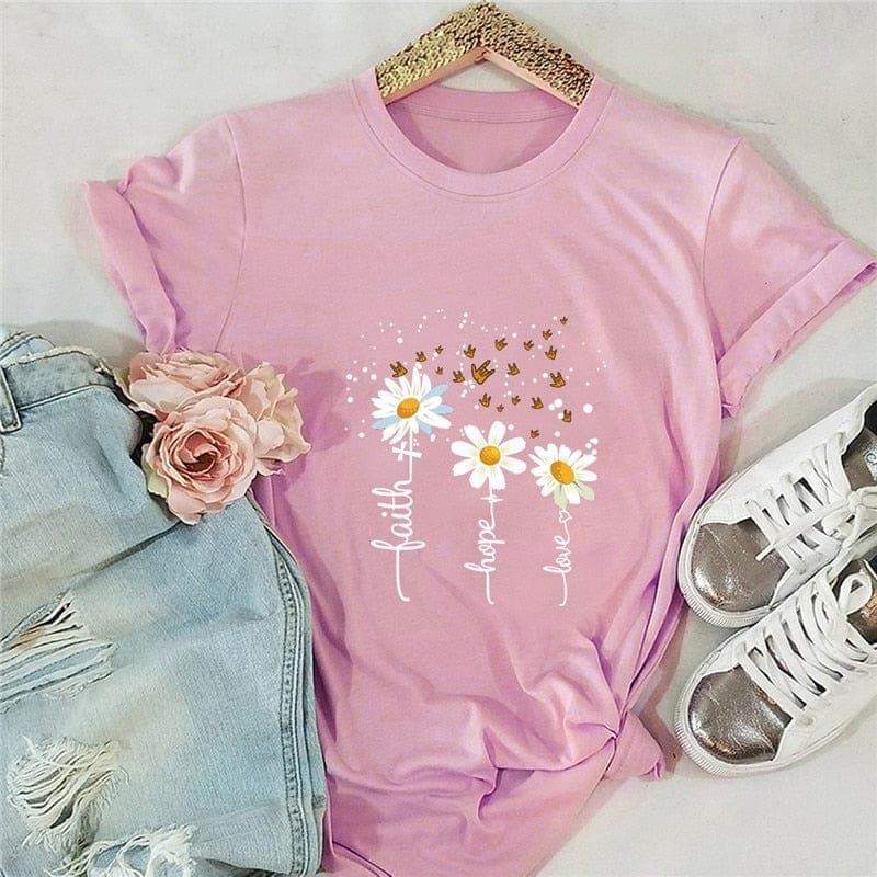 Faith Hope Love Daisy Flowers T-Shirt Buddhatrends