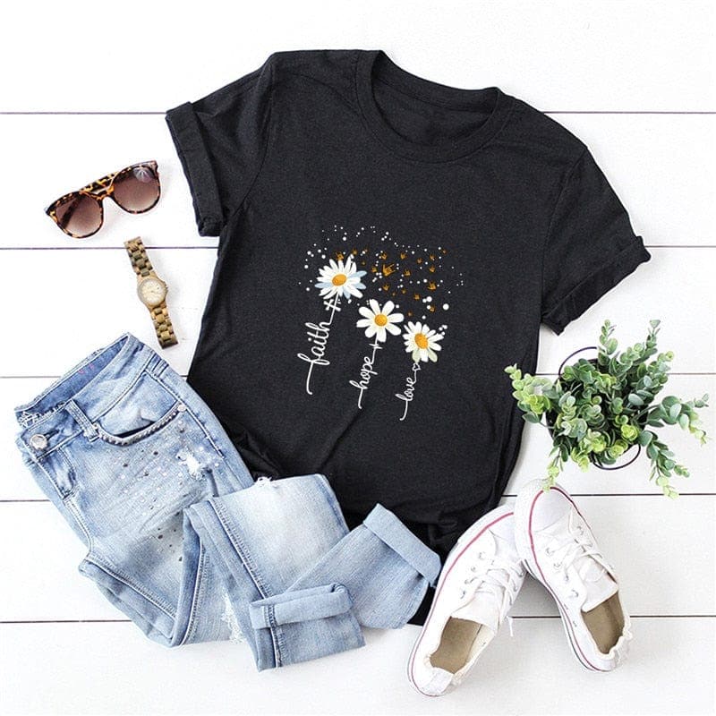 Faith Hope Love Daisy Flowers T-Shirt Buddhatrends