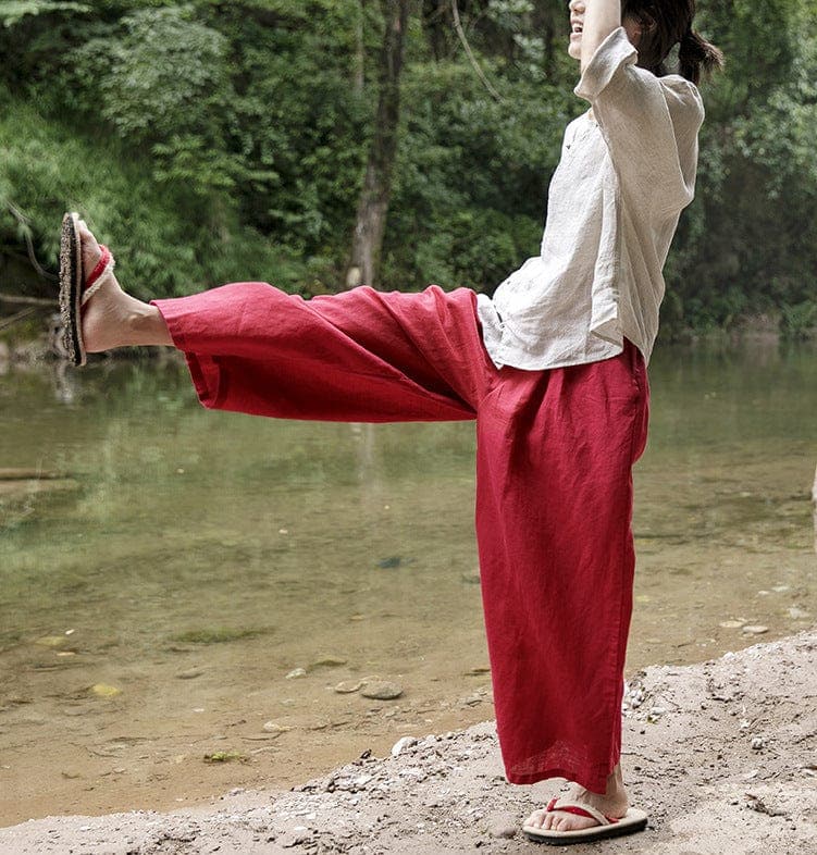 Vibrant Red Cotton Linen Palazzo Pants | Lotus Buddhatrends