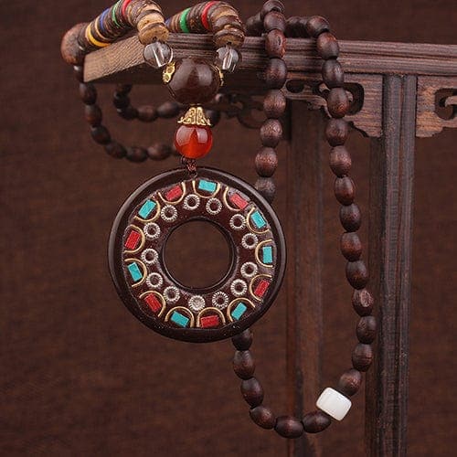 Wheel of Dharma Handmade Wood Necklace Buddhatrends