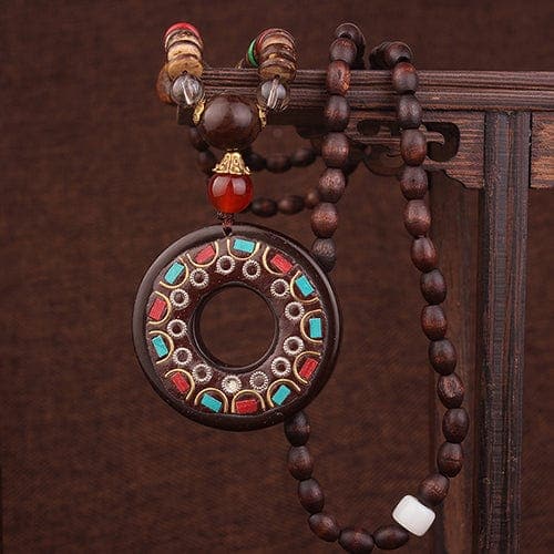 Wheel of Dharma Handmade Wood Necklace Buddhatrends