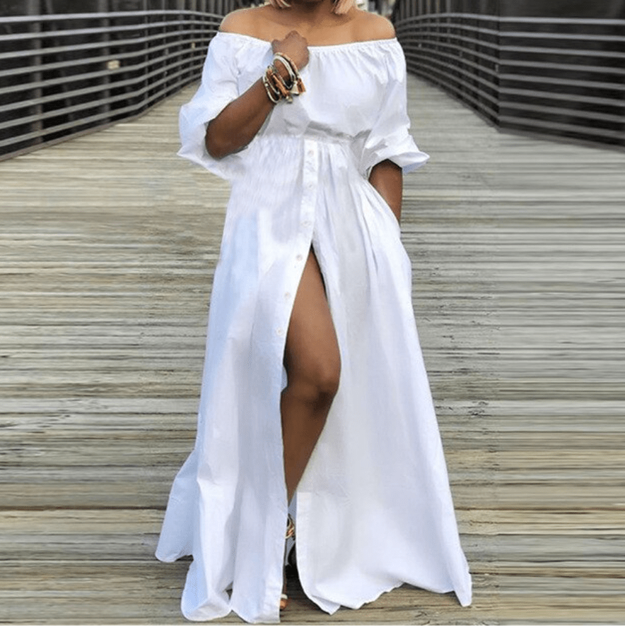 Off Shoulder High Split Maxi Dress Buddhatrends