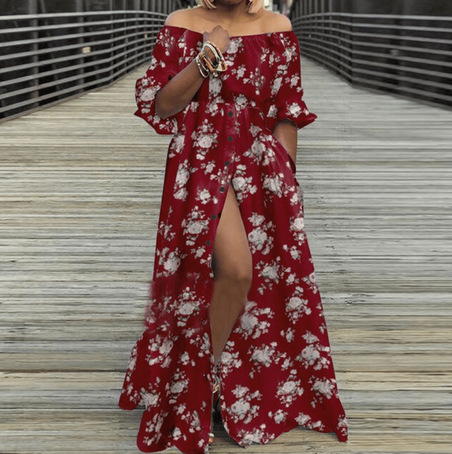 Off Shoulder High Split Maxi Dress Buddhatrends