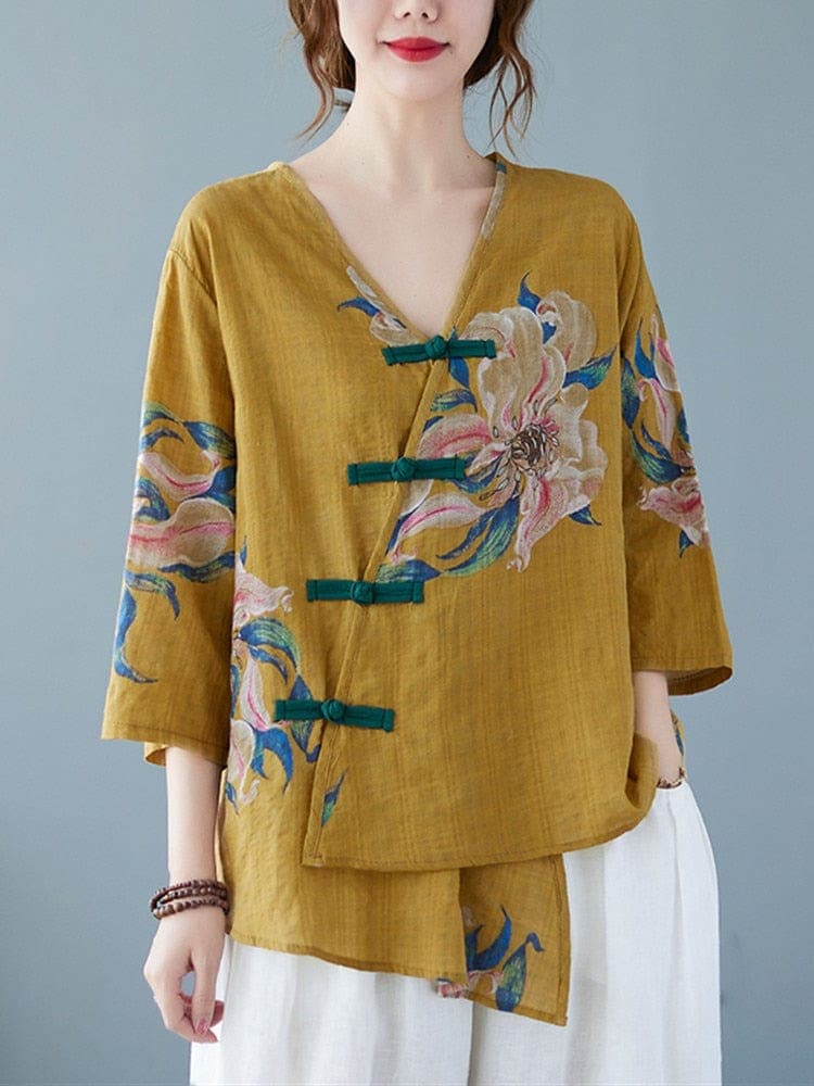 Floral Cotton Linen Oversized Blouse Buddhatrends