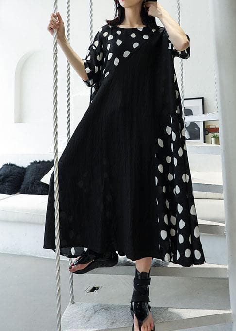 casual black dotted o neck patchwork chiffon long summer dress AT-SDL190717