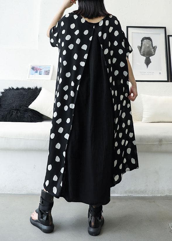 casual black dotted o neck patchwork chiffon long summer dress AT-SDL190717