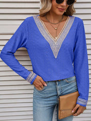 Contrast V-Neck Eyelet Long Sleeve Top dylinoshop