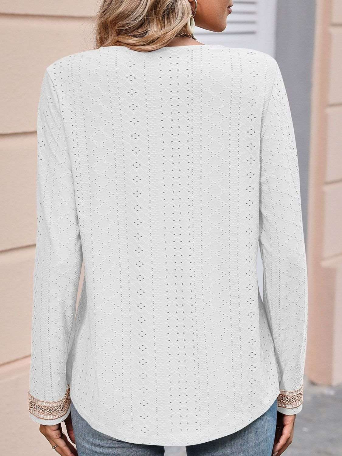 Contrast V-Neck Eyelet Long Sleeve Top dylinoshop