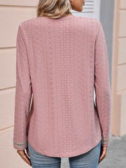 Contrast V-Neck Eyelet Long Sleeve Top dylinoshop