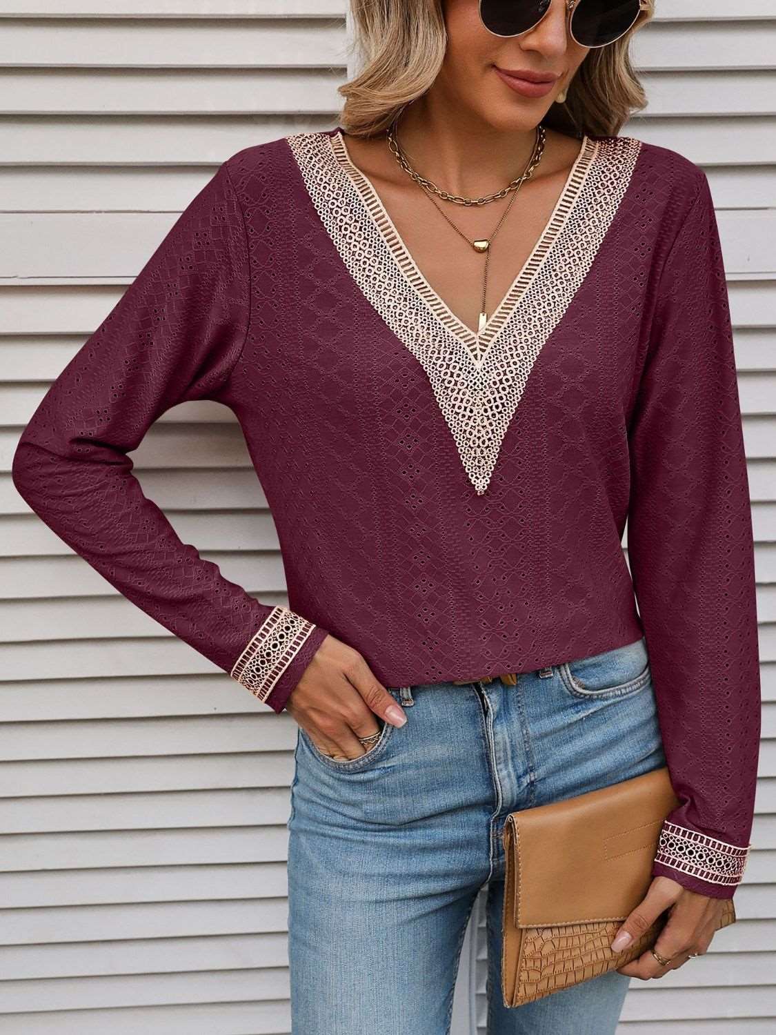 Contrast V-Neck Eyelet Long Sleeve Top dylinoshop