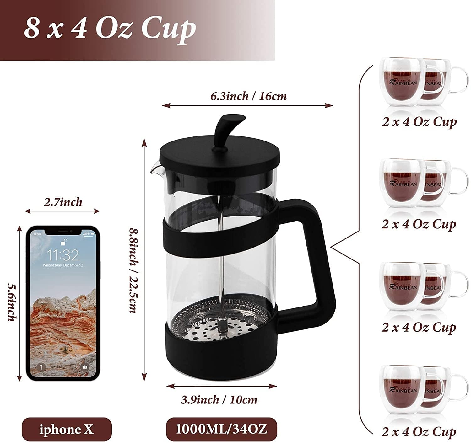 Large Portable French Press Glass Travel Camping Coffee Makers Pot 34 Oz dylinoshop