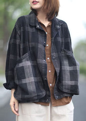 diy Black Peter Pan Collar Pockets Plaid denim Coats Spring GK-CTS220127