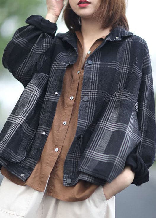 diy Black Peter Pan Collar Pockets Plaid denim Coats Spring GK-CTS220127