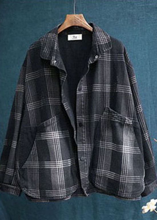 diy Black Peter Pan Collar Pockets Plaid denim Coats Spring GK-CTS220127