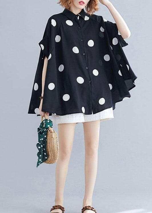 diy black dotted clothes For Women lapel Ruffles top STP200425