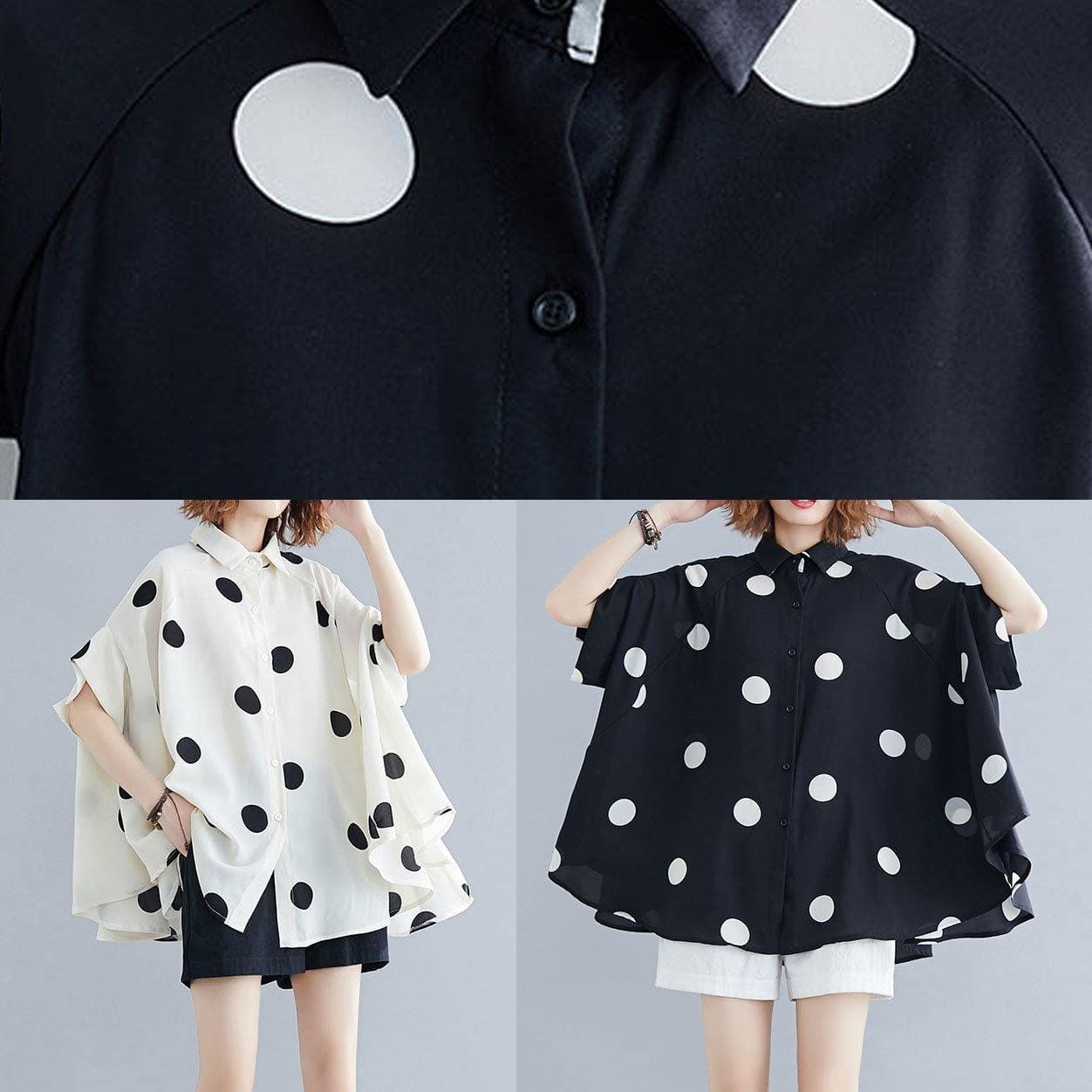 diy black dotted clothes For Women lapel Ruffles top STP200425