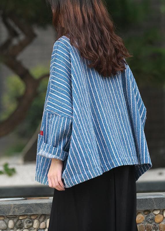 diy denim blue striped clothes For Women Gifts stand collar tops LTP200922