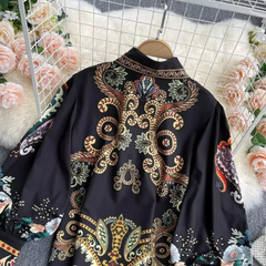 Women Retro Field Totem Printing Lantern Sleeve Lapel Blouse dylinoshop