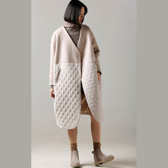 fashion beige Woolen Coat medium length patchwork v neck coat CTS181213