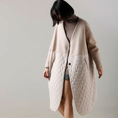 fashion beige Woolen Coat medium length patchwork v neck coat CTS181213