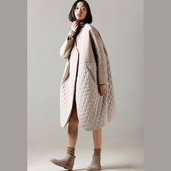 fashion beige Woolen Coat medium length patchwork v neck coat CTS181213