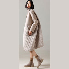 fashion beige Woolen Coat medium length patchwork v neck coat CTS181213