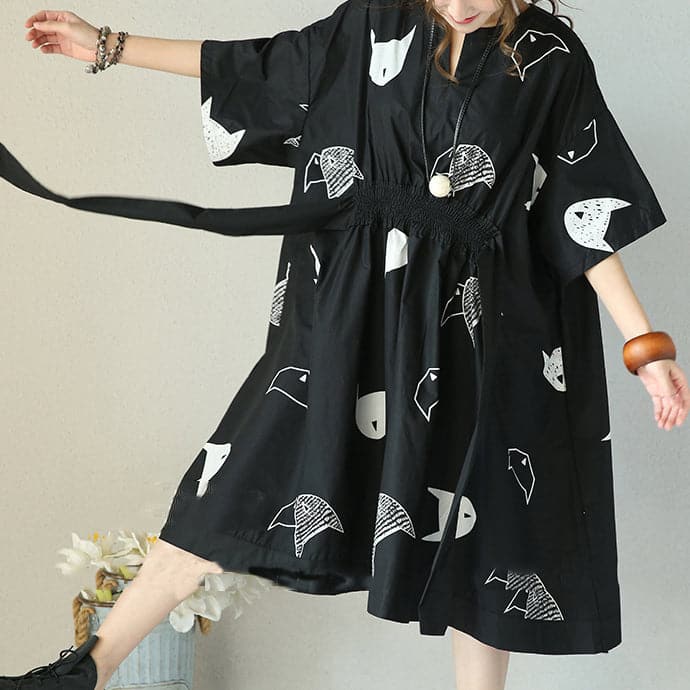 fashion black natural cotton dress plus size clothing tie waist Cinched traveling clothing women v neck cotton caftans SDM180727