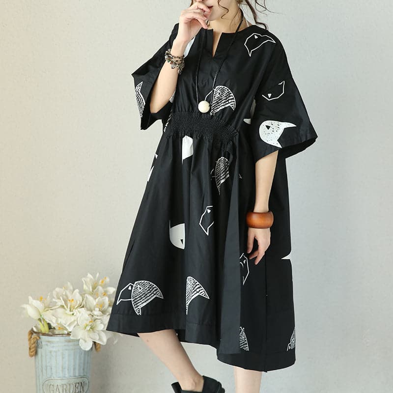 fashion black natural cotton dress plus size clothing tie waist Cinched traveling clothing women v neck cotton caftans SDM180727