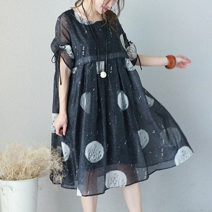 fashion black prints long chiffon dress Loose fitting high waist chiffon gown fine drawstring sleeve kaftans SDM180727