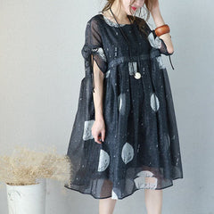 fashion black prints long chiffon dress Loose fitting high waist chiffon gown fine drawstring sleeve kaftans SDM180727