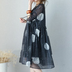 fashion black prints long chiffon dress Loose fitting high waist chiffon gown fine drawstring sleeve kaftans SDM180727