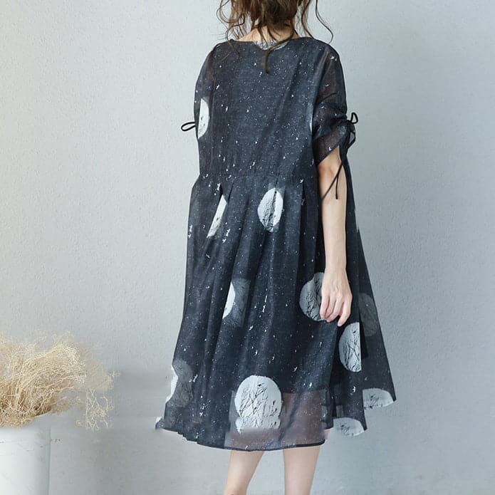 fashion black prints long chiffon dress Loose fitting high waist chiffon gown fine drawstring sleeve kaftans SDM180727