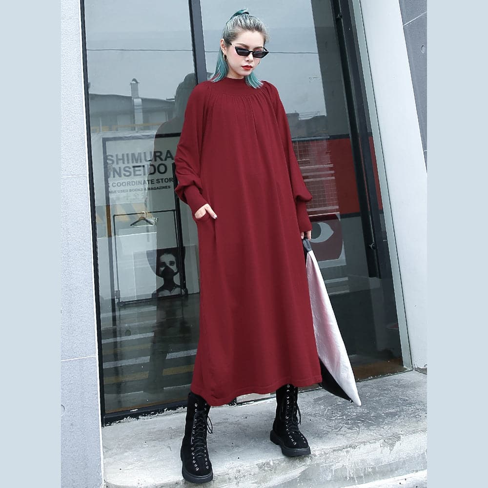 fashion red autumn plus size clothing stand collar traveling dress boutique pockets baggy dresses AT-FDL180917