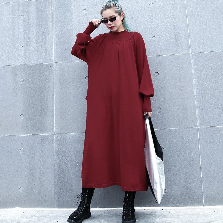 fashion red autumn plus size clothing stand collar traveling dress boutique pockets baggy dresses AT-FDL180917