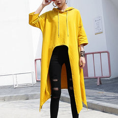 fashion yellow linen Vest plusize shirts casual low high design hooded linen t shirt AT-LTP180417