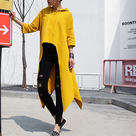 fashion yellow linen Vest plusize shirts casual low high design hooded linen t shirt AT-LTP180417