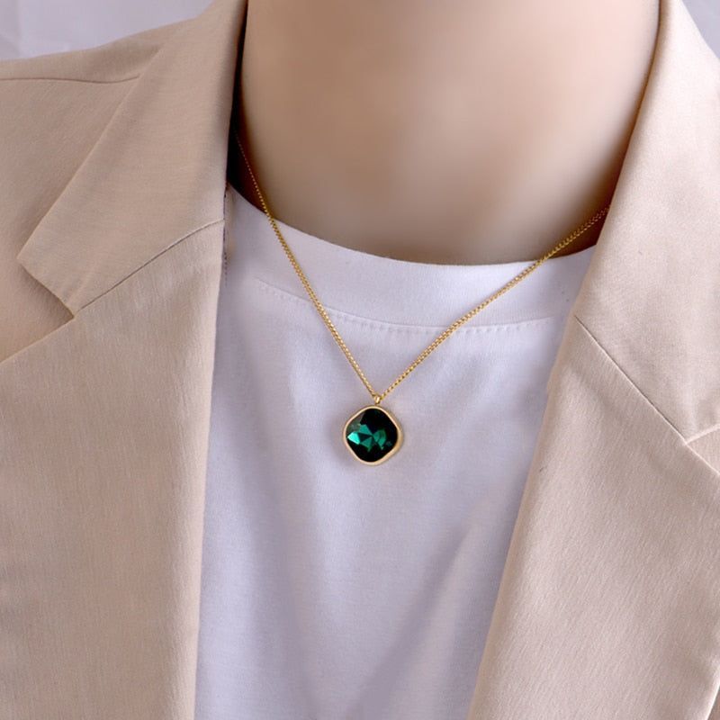 Geometric Rhombus Green Crystal Stainless Steel Necklace Charm Jewelry NCJT30 Touchy Style