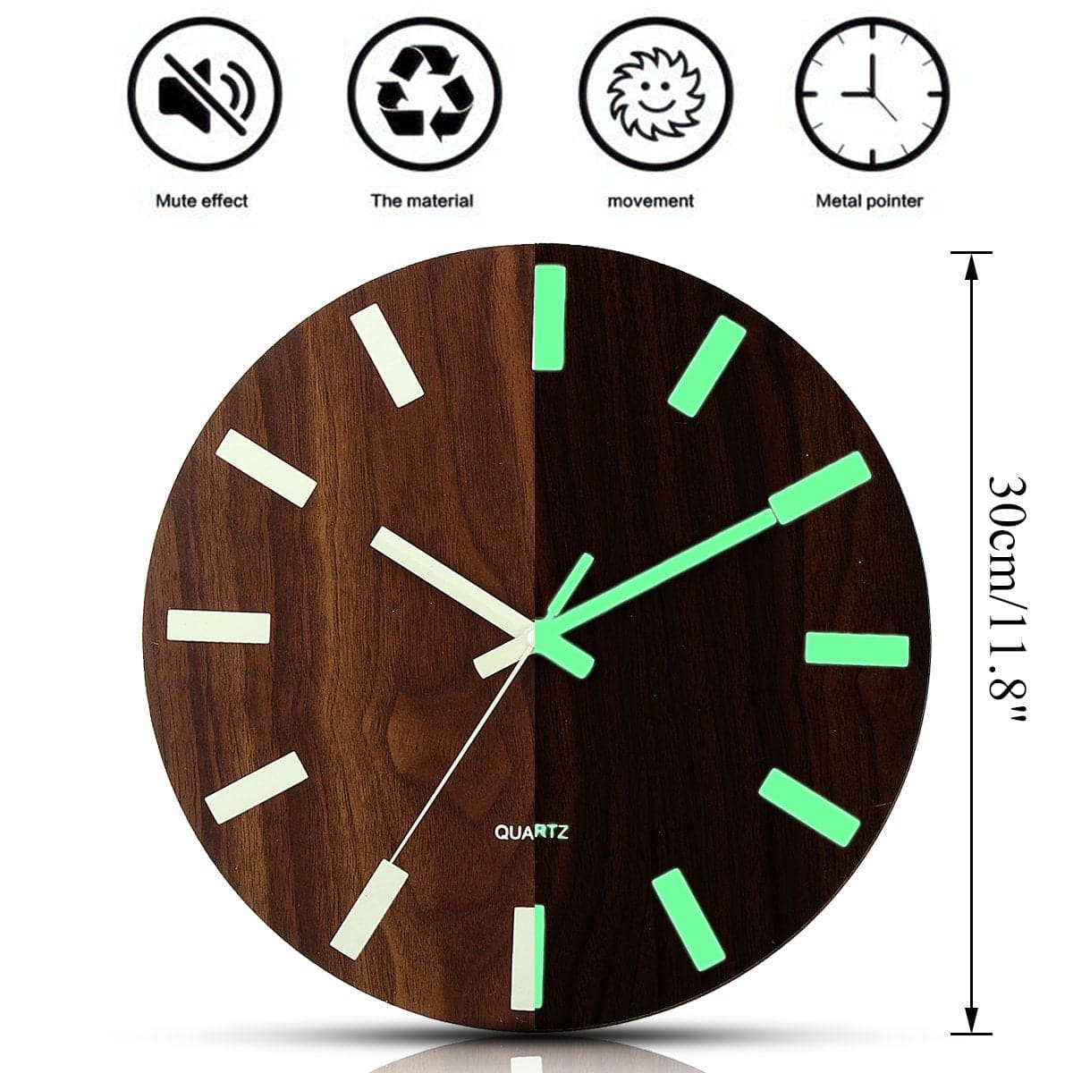 Wooden Wall Clock Glow in the Dark dylinoshop