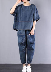 new denim blue cotton short sleeve o neck tops and big pockets pants two pieces HTP190812