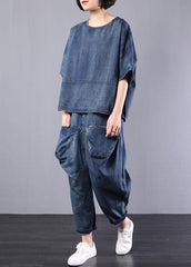 new denim blue cotton short sleeve o neck tops and big pockets pants two pieces HTP190812