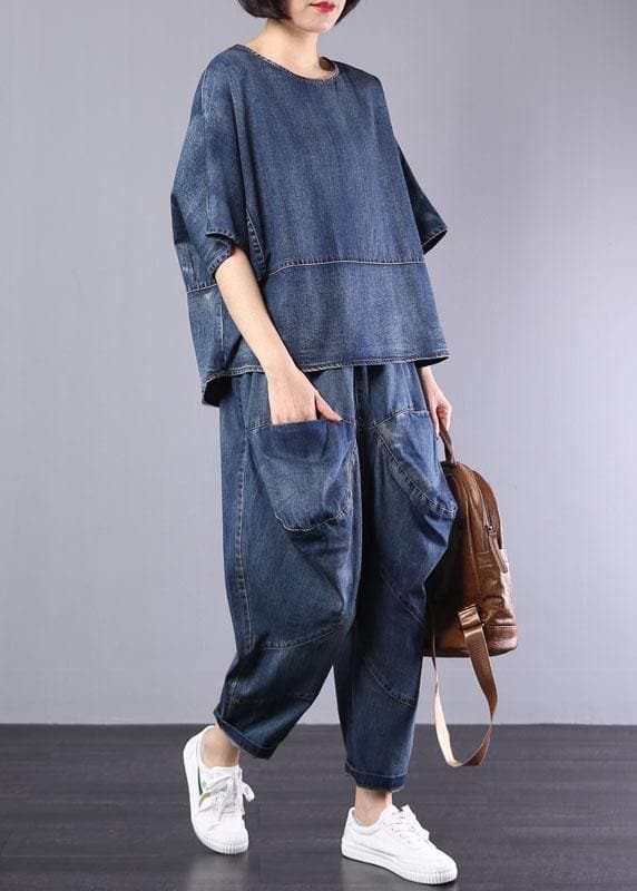 new denim blue cotton short sleeve o neck tops and big pockets pants two pieces HTP190812