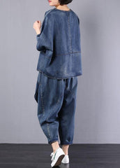 new denim blue cotton short sleeve o neck tops and big pockets pants two pieces HTP190812