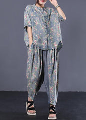 new loose small floral Cinched tops denim two pieces WG-HTP190711