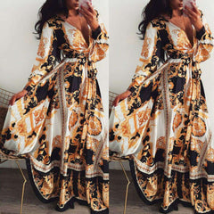 Women Maxi Loose Floral Print V-neck Long Sleeve Dresses dylinoshop