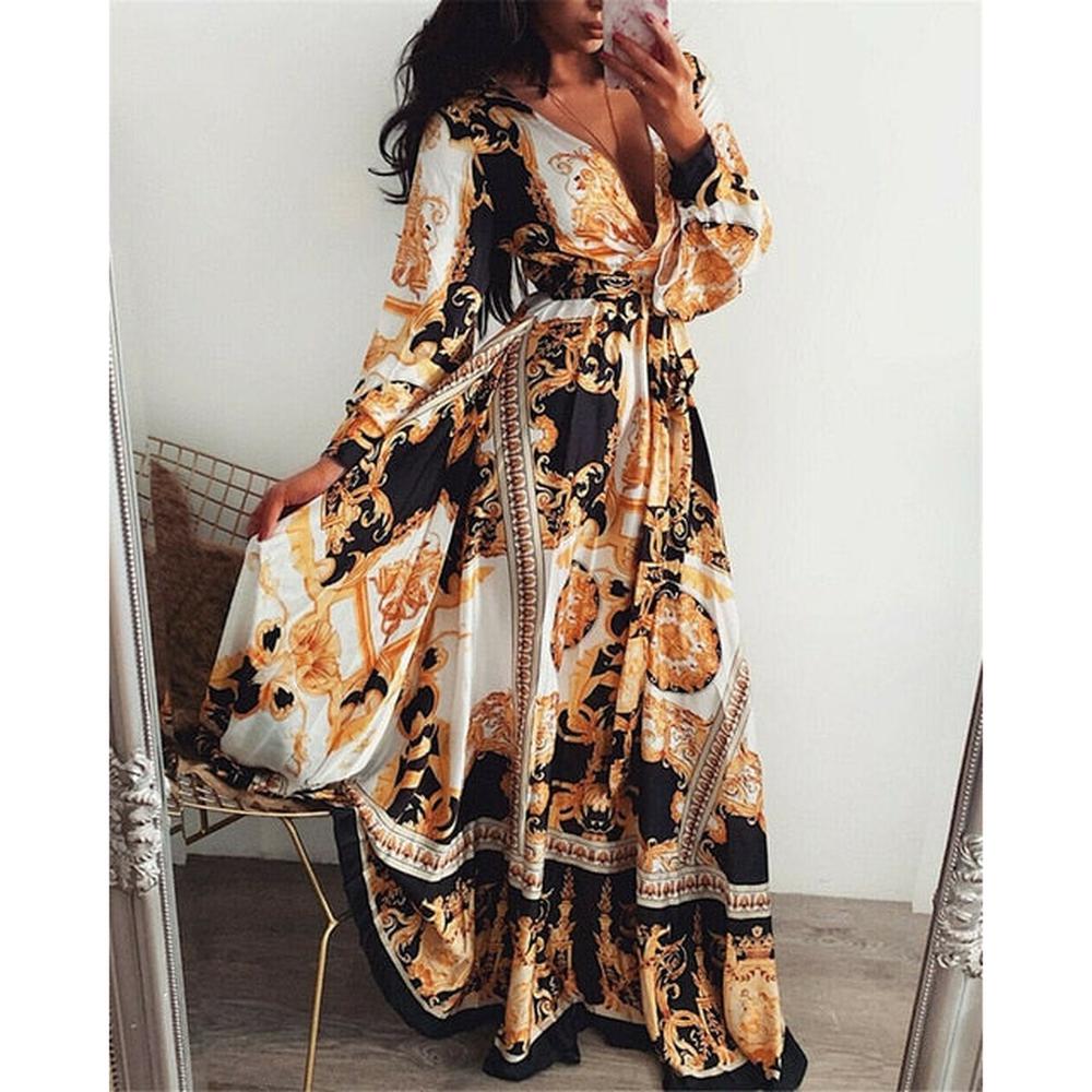 Women Maxi Loose Floral Print V-neck Long Sleeve Dresses dylinoshop