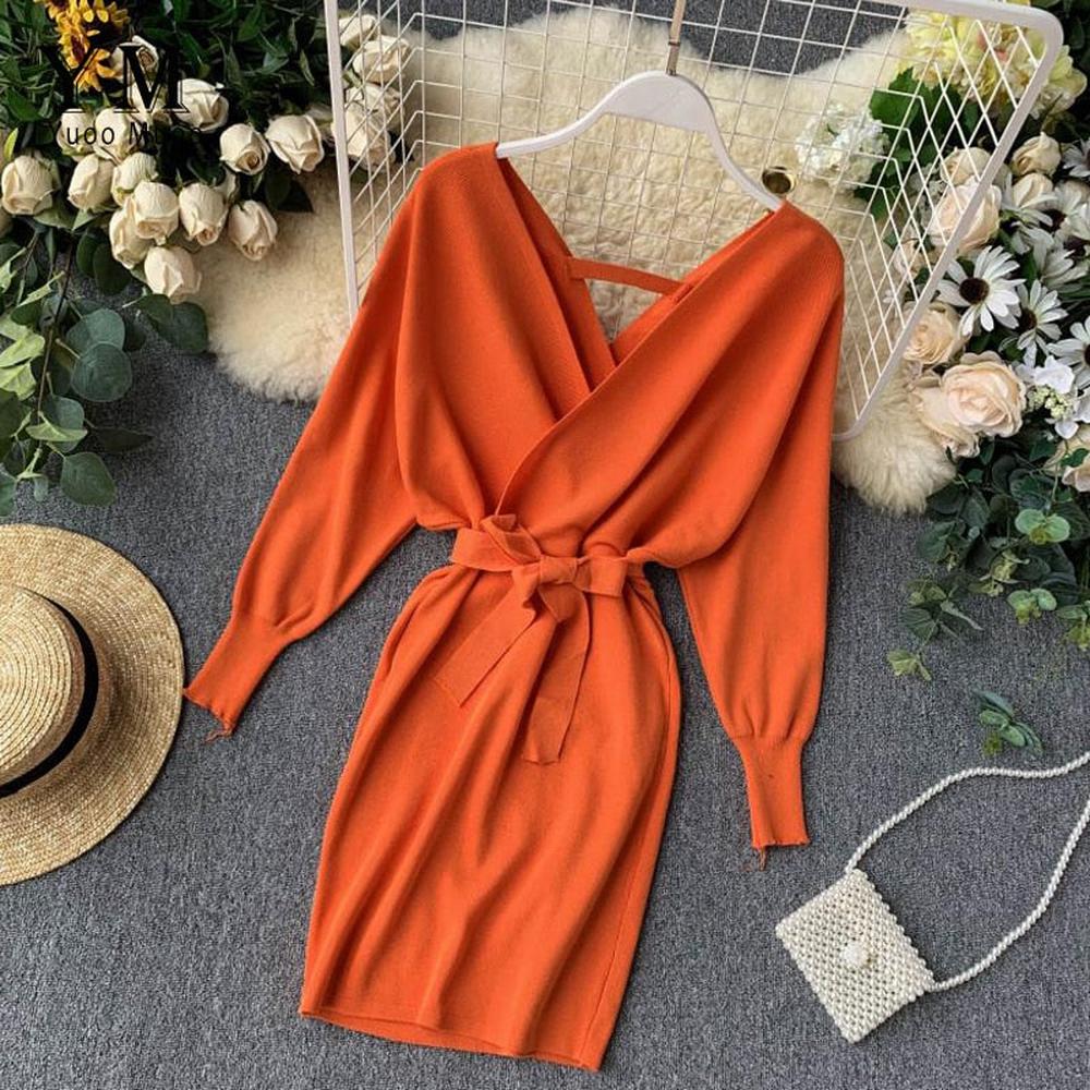 Women Long Batwing Sleeve V Neck Elegant Dress dylinoshop