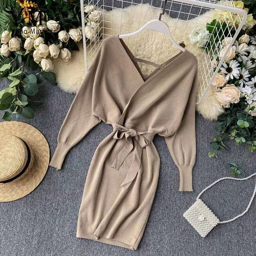 Women Long Batwing Sleeve V Neck Elegant Dress dylinoshop